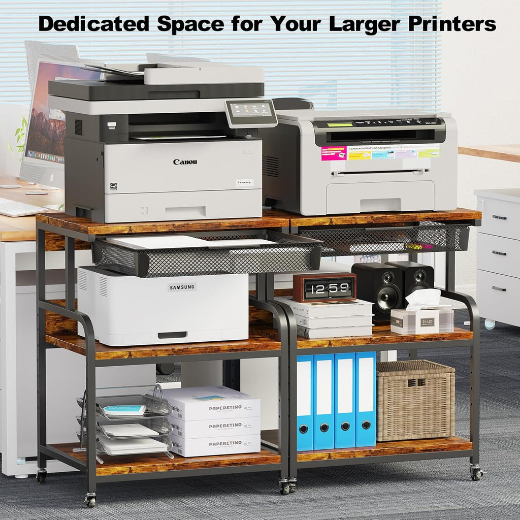 EasyCom 23.6''x18.9'' Extra Large Printer Stand with Drawer, 5-Adjustable Heights 3 Tier Table with Wheels, Rolling Printer Cart with Storage for Printer Scanner Fax Home Office Use