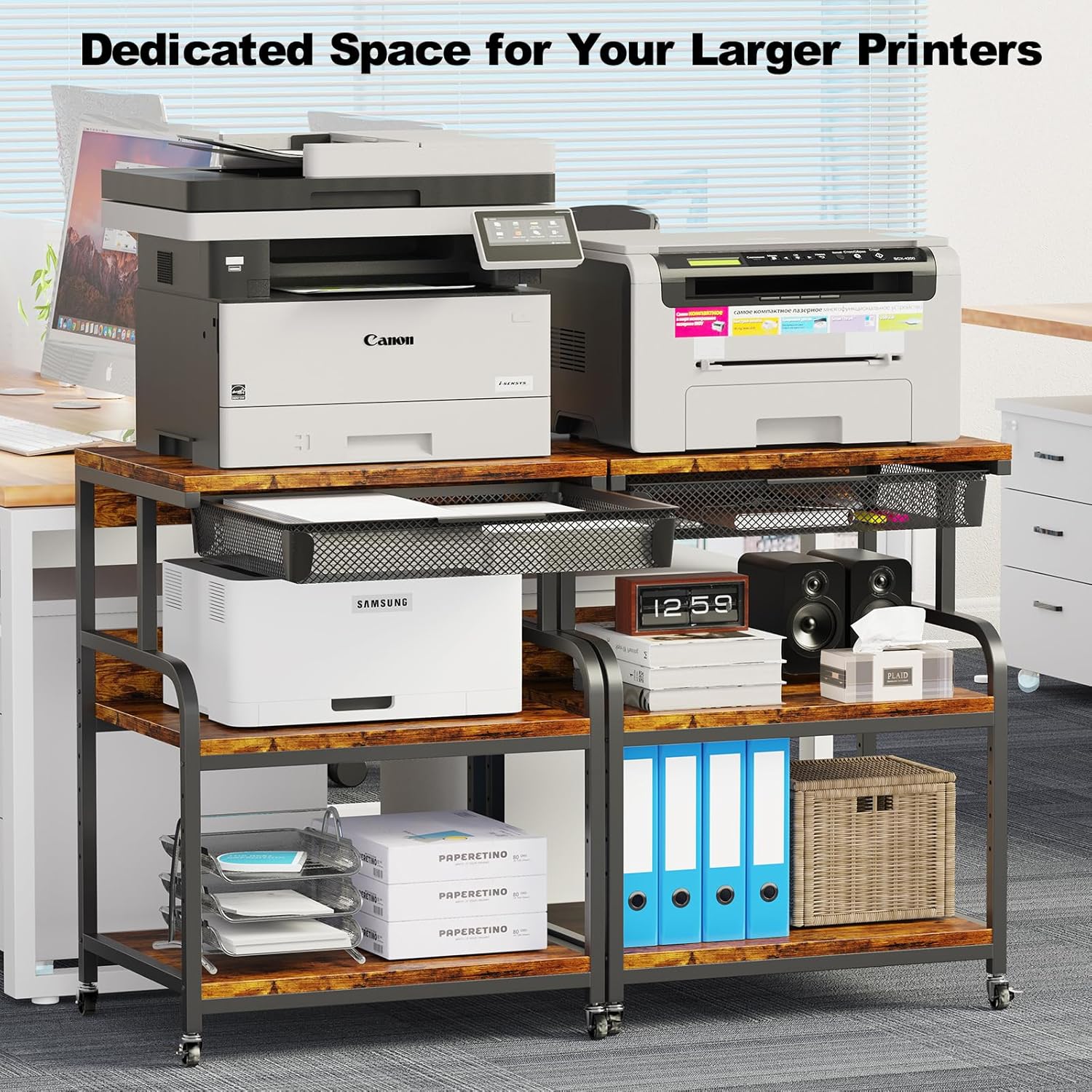 EasyCom 23.6''x18.9'' Extra Large Printer Stand with Drawer, 5-Adjustable Heights 3 Tier Table with Wheels, Rolling Printer Cart with Storage for Printer Scanner Fax Home Office Use