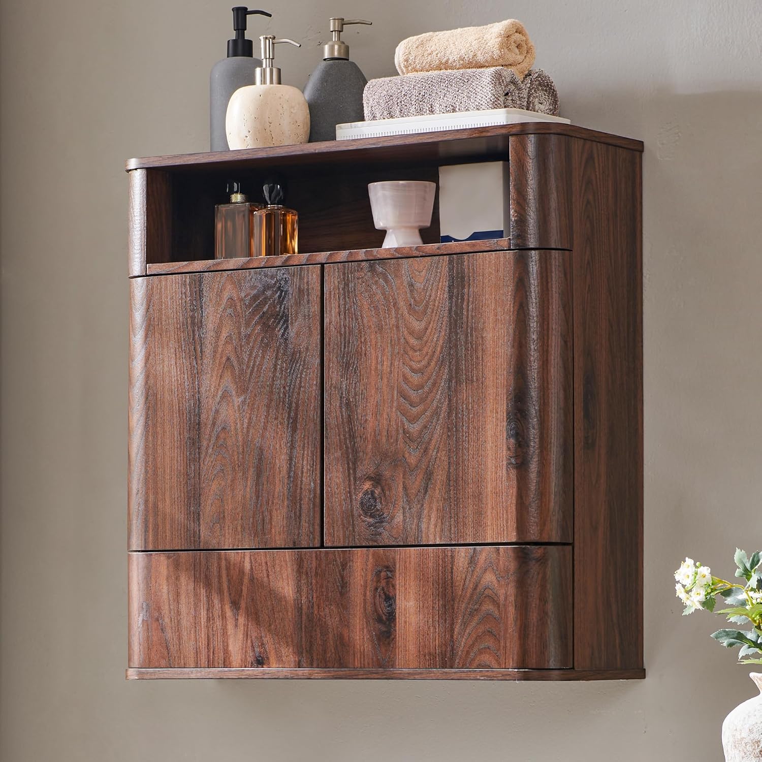 ACCOHOHO Modern Minimalist Bathroom Medicine Cabinet with Adjustable Shelf, Sliding Drawer and Magnetic Push Latch, Above Toilet Wall Mounted Hanging Storage Cabinet, Natural Oak