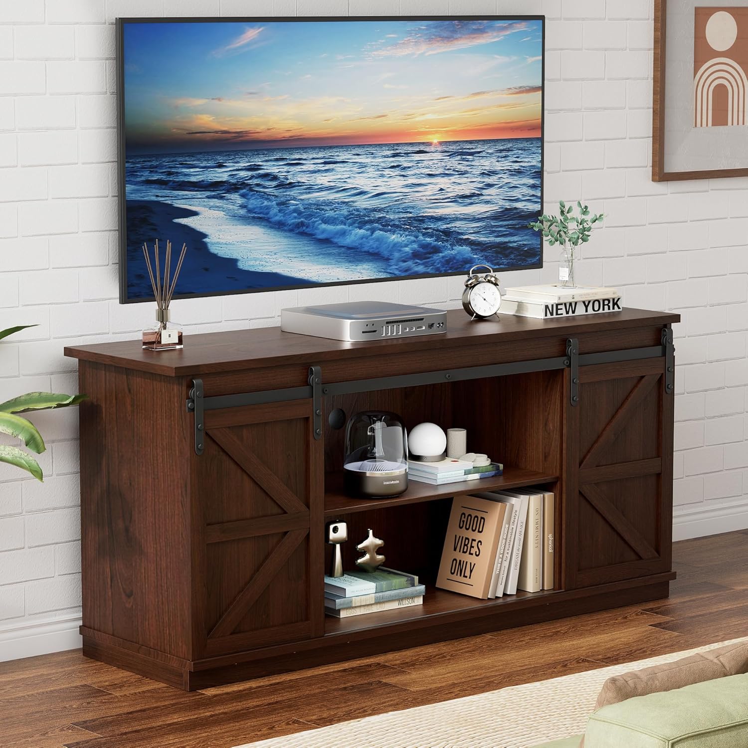 YESHOMY TV Stand for Televisions up to 65 Inches, with Sliding Barn Doors and Storage Cabinets, Console Table and Media Furniture for Living Room, 58 Inch, Barnwood