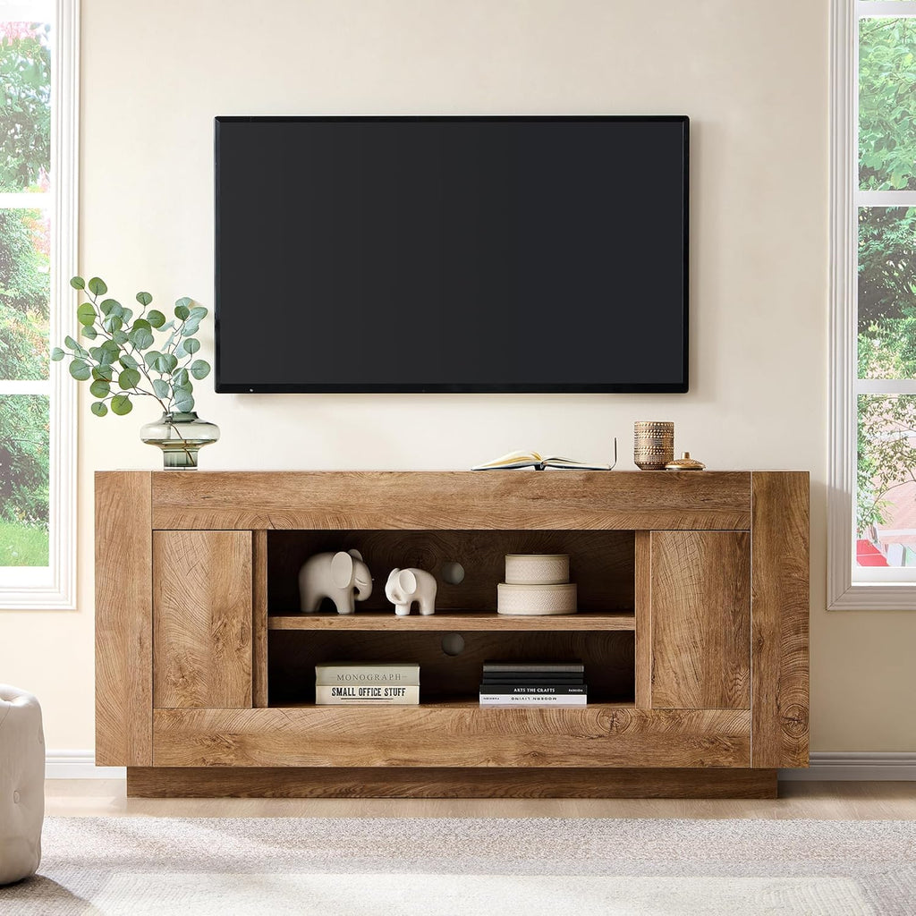OKD Modern 70" TV Stand, Entertainment Center for TVs Up to 80", Media Console with Large Open Storage & Side Cabinets, Thick Wood Design for Living Room, Light Knotty Oak