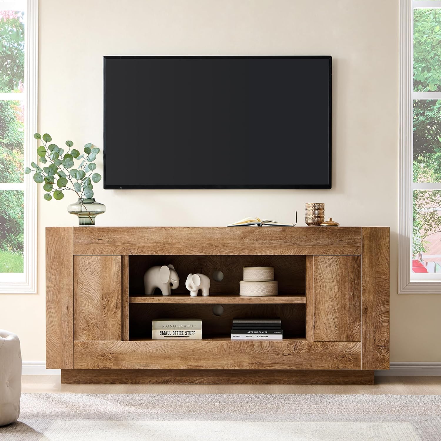 OKD Modern 70" TV Stand, Entertainment Center for TVs Up to 80", Media Console with Large Open Storage & Side Cabinets, Thick Wood Design for Living Room, Light Knotty Oak