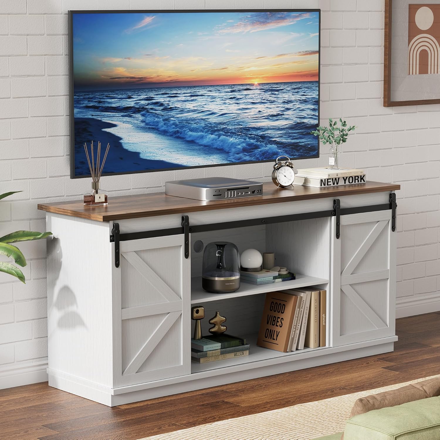 YESHOMY TV Stand for Televisions up to 65 Inches, with Sliding Barn Doors and Storage Cabinets, Console Table and Media Furniture for Living Room, 58 Inch, Barnwood