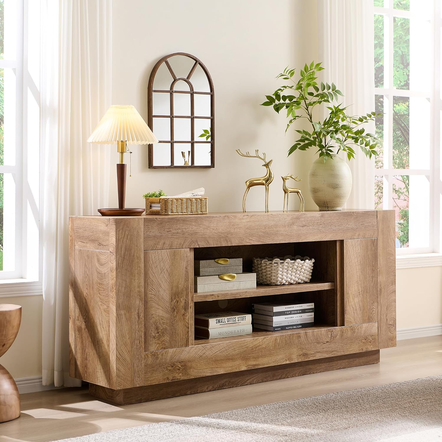 OKD Modern 70" TV Stand, Entertainment Center for TVs Up to 80", Media Console with Large Open Storage & Side Cabinets, Thick Wood Design for Living Room, Light Knotty Oak