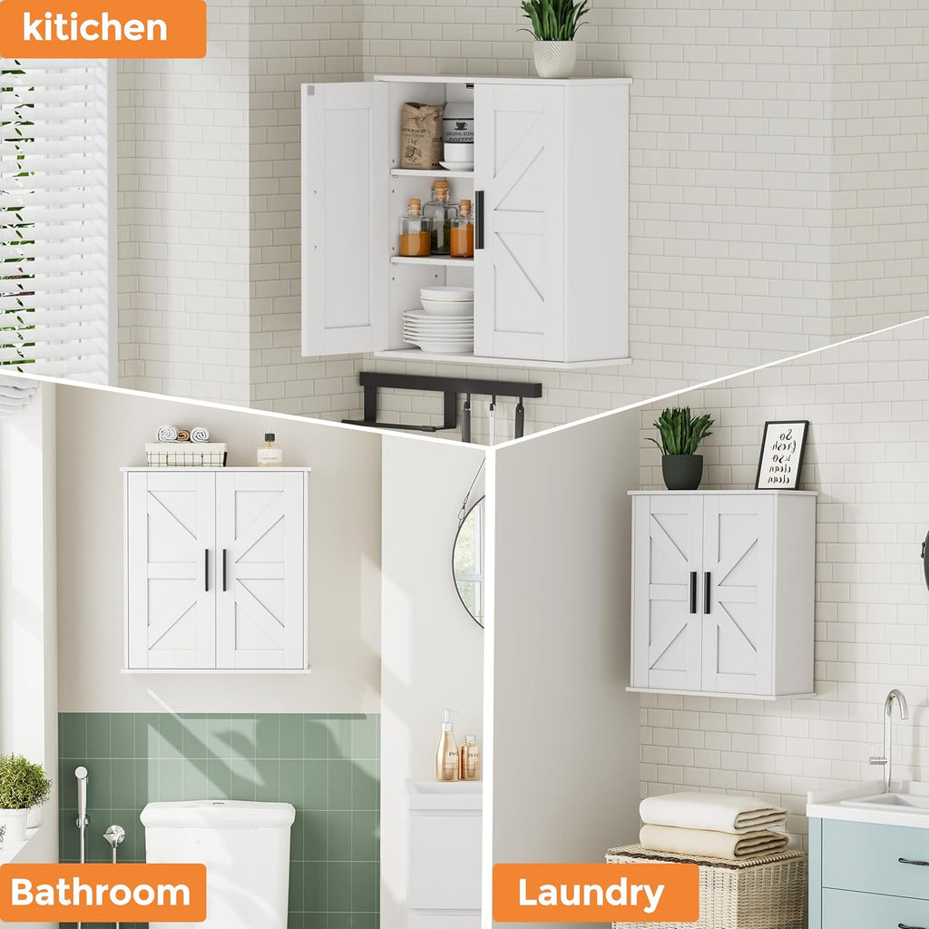 Bathroom Wall Cabinet, Over Toilet Storage Cabinet with Barn Doors and Adjustable Shelves, 3-Tier Medicine Cabinet Wall Mounted, for Bathroom, Kitchen, Entryway, Laundry Room, White, (7.9" D)