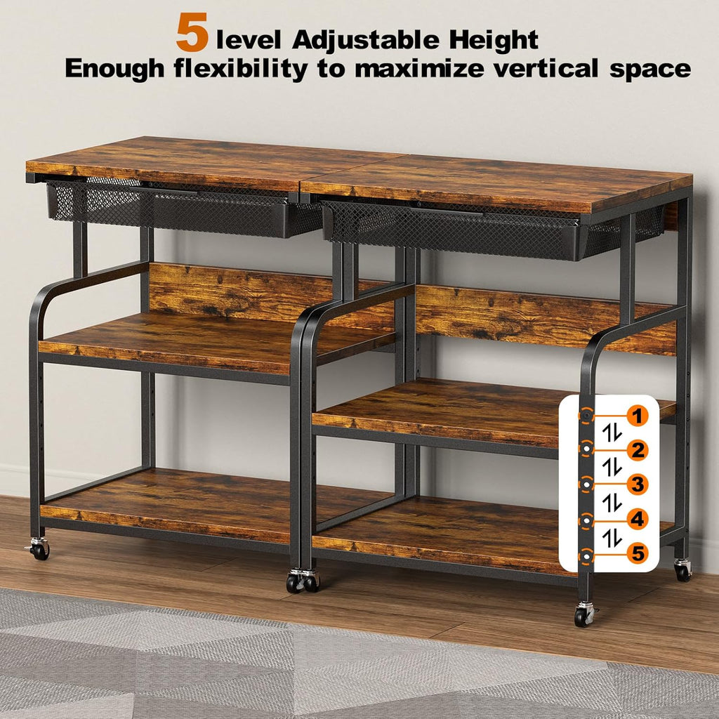 EasyCom 23.6''x18.9'' Extra Large Printer Stand with Drawer, 5-Adjustable Heights 3 Tier Table with Wheels, Rolling Printer Cart with Storage for Printer Scanner Fax Home Office Use