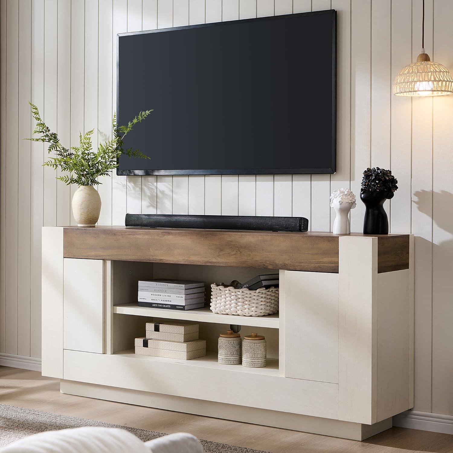 OKD Modern 70" TV Stand, Entertainment Center for TVs Up to 80", Media Console with Large Open Storage & Side Cabinets, Thick Wood Design for Living Room, Light Knotty Oak