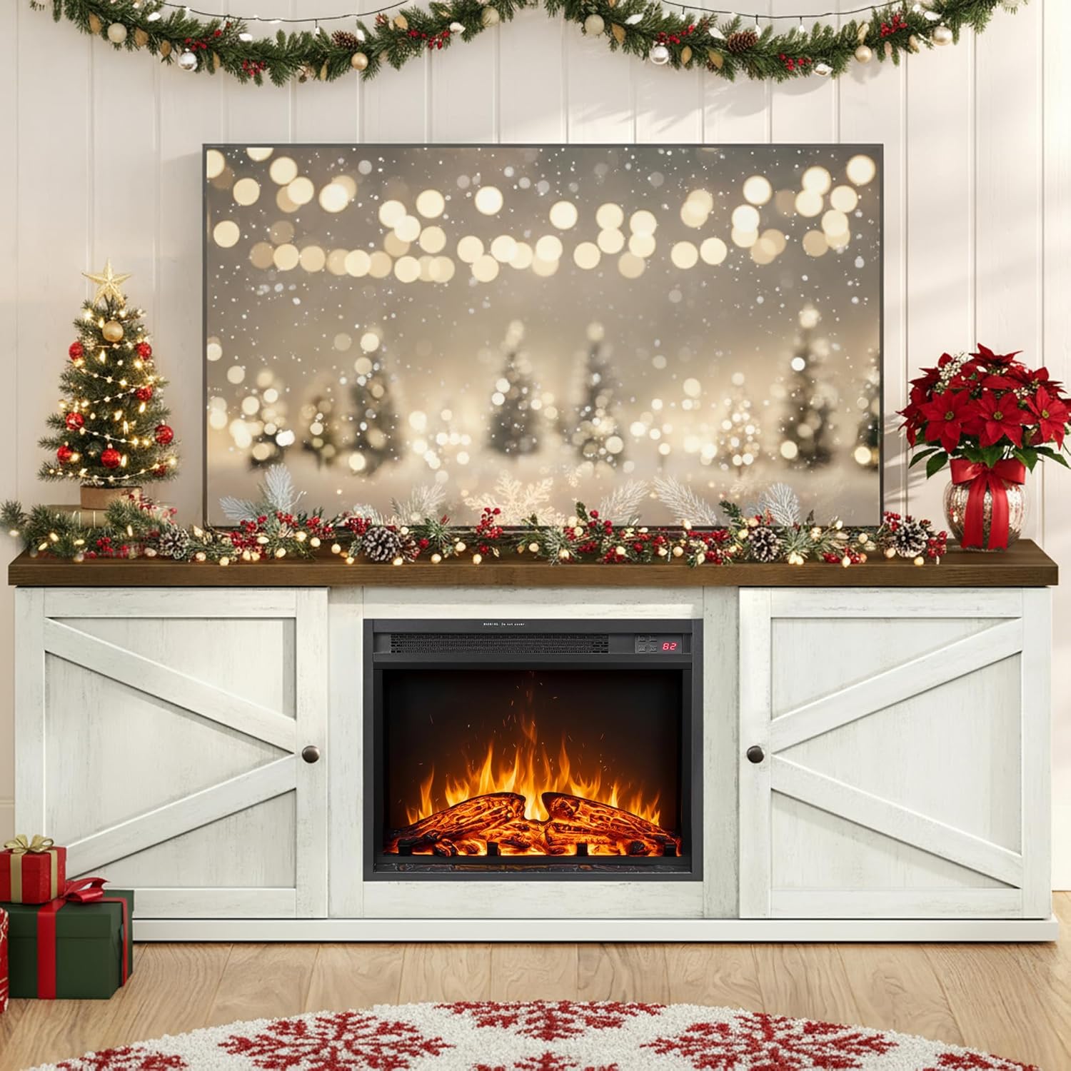 VASAGLE Farmhouse TV Stand for TVs up to 65 Inches, Entertainment Center with Storage Cabinets and Sliding Barn Doors, Media Console Table for Living Room, Rustic White and Honey Brown ULTV535W01