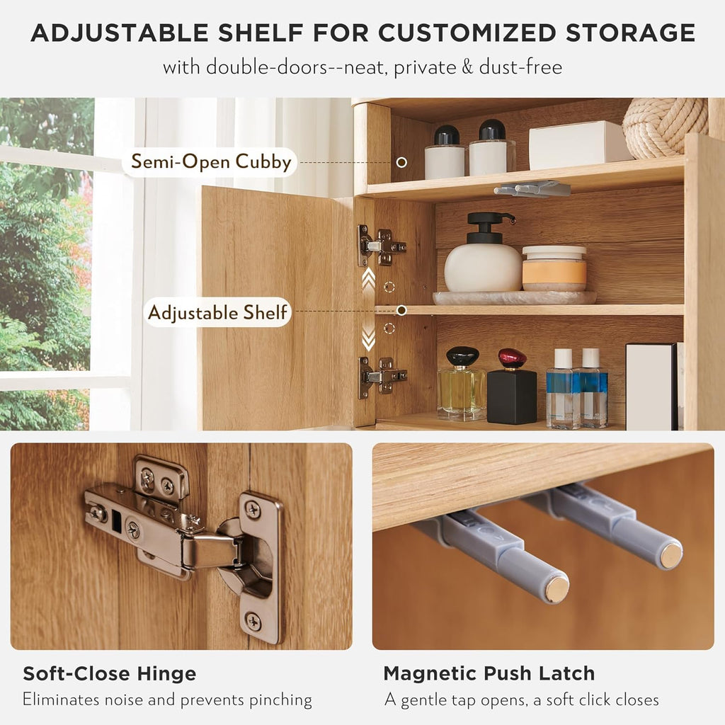 ACCOHOHO Modern Minimalist Bathroom Medicine Cabinet with Adjustable Shelf, Sliding Drawer and Magnetic Push Latch, Above Toilet Wall Mounted Hanging Storage Cabinet, Natural Oak