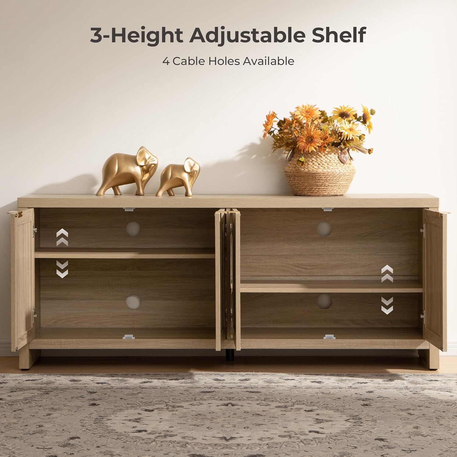 SICOTAS TV Stand for Living Room Boho Entertainment Center for Bedroom with 4 Rattan Cabinets Farmhouse Television Stands with Storage Large Media Console Table for TVs up to 45 50 55 60 65 Inch