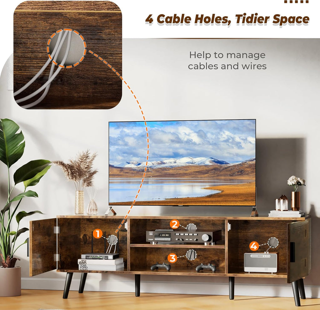 SUPERJARE TV Stand for 55 Inch TV, Entertainment Center with Adjustable Shelf, 2 Cabinets, TV Console Table, Media Console, Solid Wood Feet, Cord Holes, for Living Room, Bedroom, Rustic Brown
