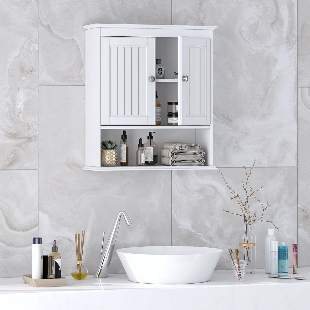 Spirich Bathroom Cabinet Wall Mounted with Doors, Wood Hanging Cabinet with Doors and Shelves Over The Toilet, Bathroom Wall Cabinet White