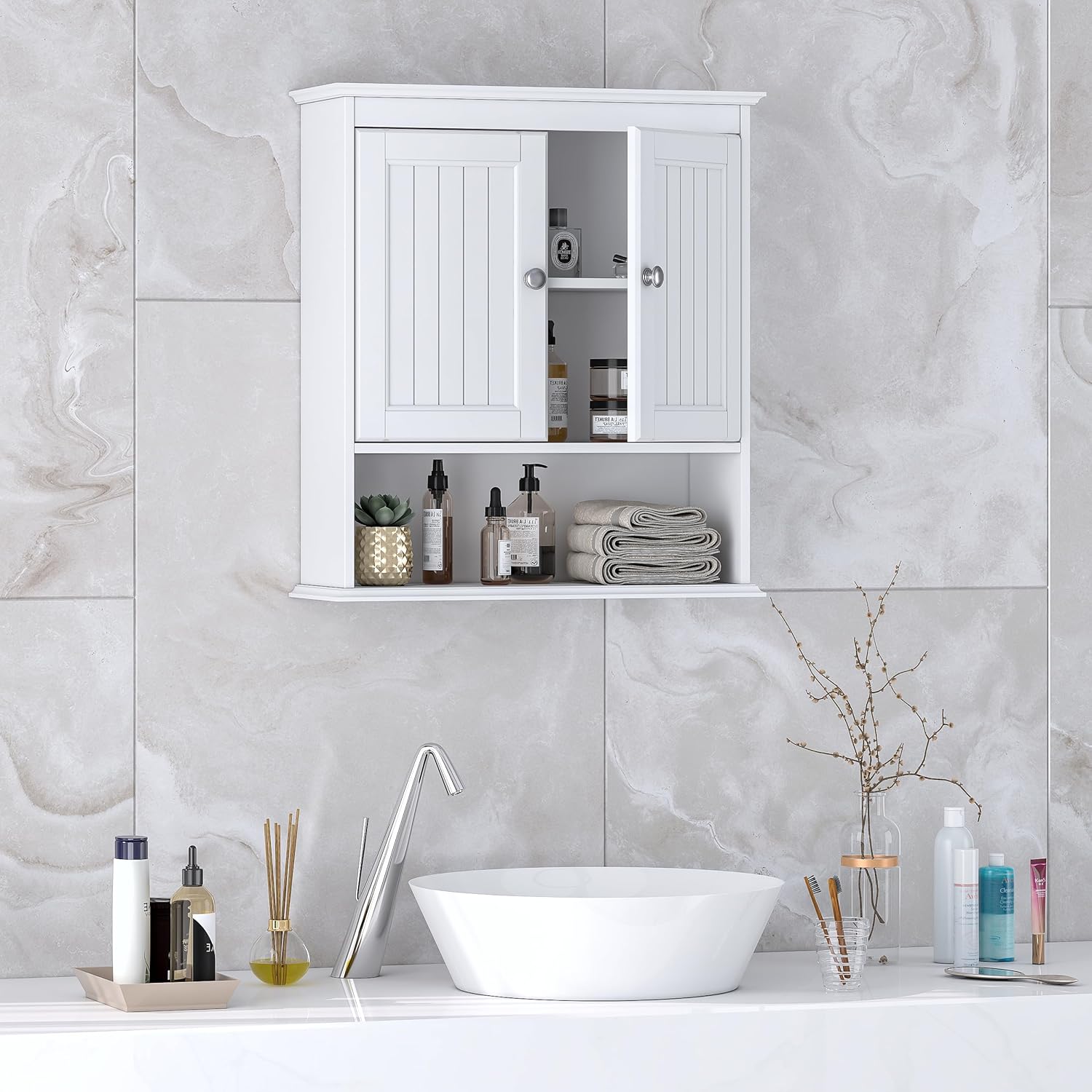 Spirich Bathroom Cabinet Wall Mounted with Doors, Wood Hanging Cabinet with Doors and Shelves Over The Toilet, Bathroom Wall Cabinet White