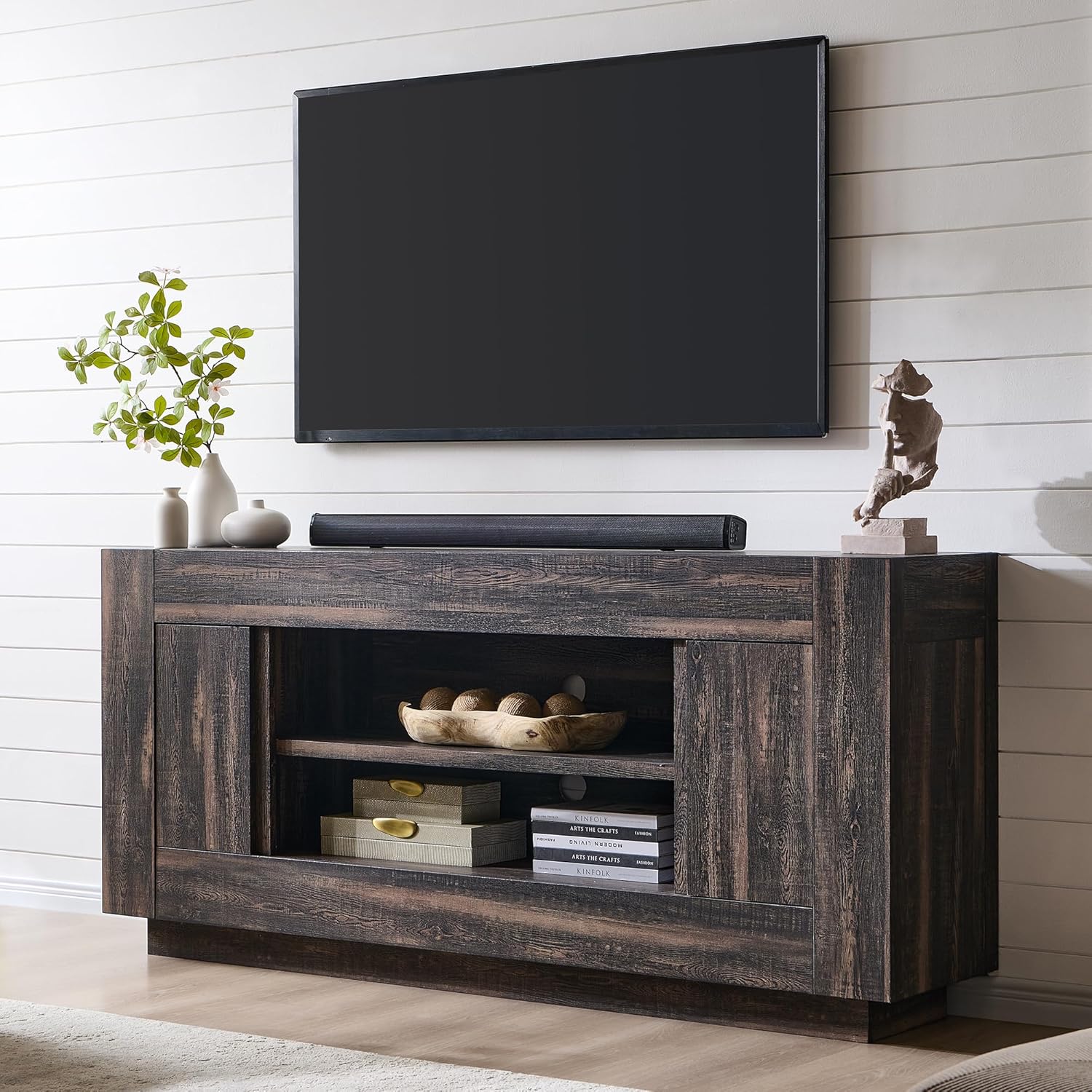 OKD Modern 70" TV Stand, Entertainment Center for TVs Up to 80", Media Console with Large Open Storage & Side Cabinets, Thick Wood Design for Living Room, Light Knotty Oak
