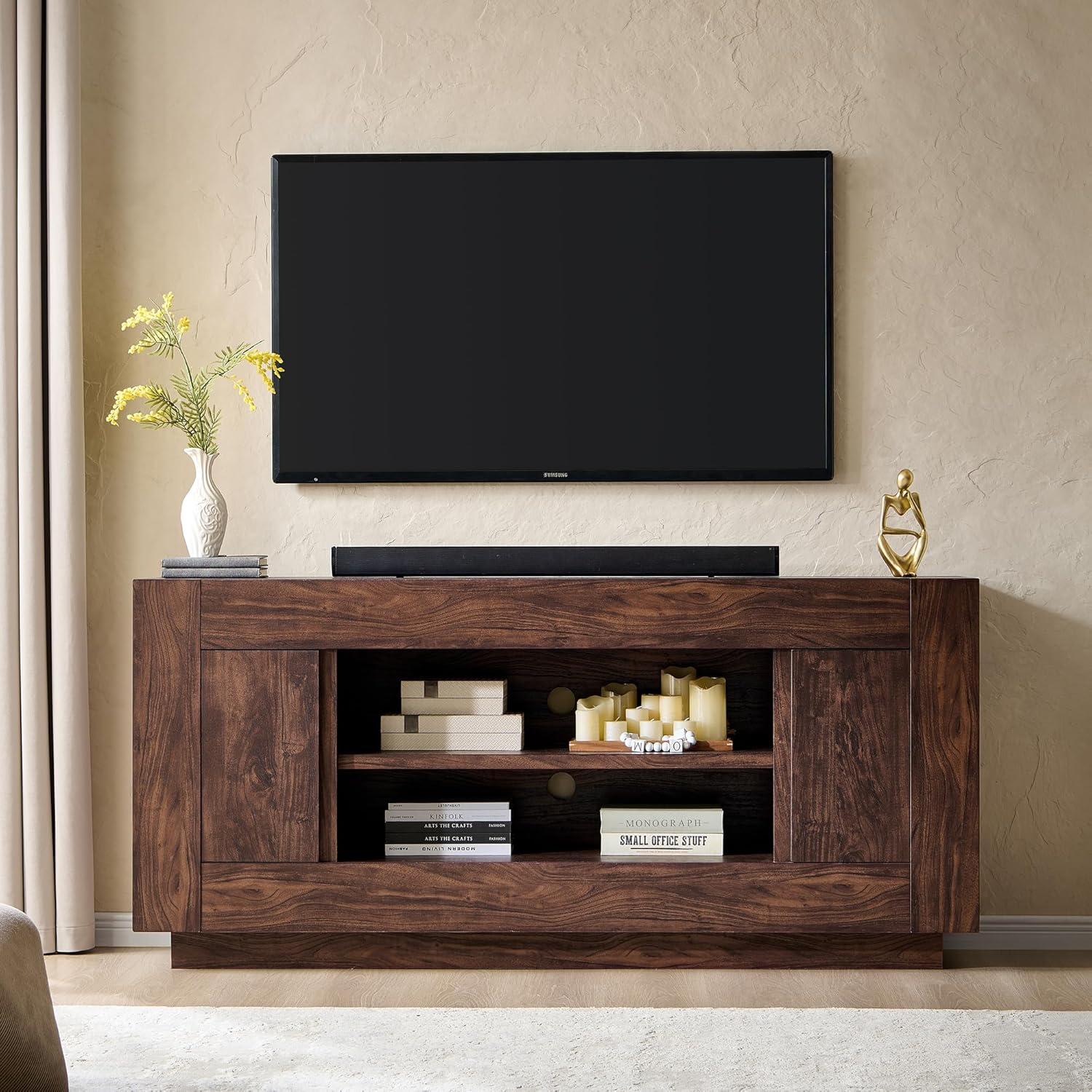 OKD Modern 70" TV Stand, Entertainment Center for TVs Up to 80", Media Console with Large Open Storage & Side Cabinets, Thick Wood Design for Living Room, Light Knotty Oak