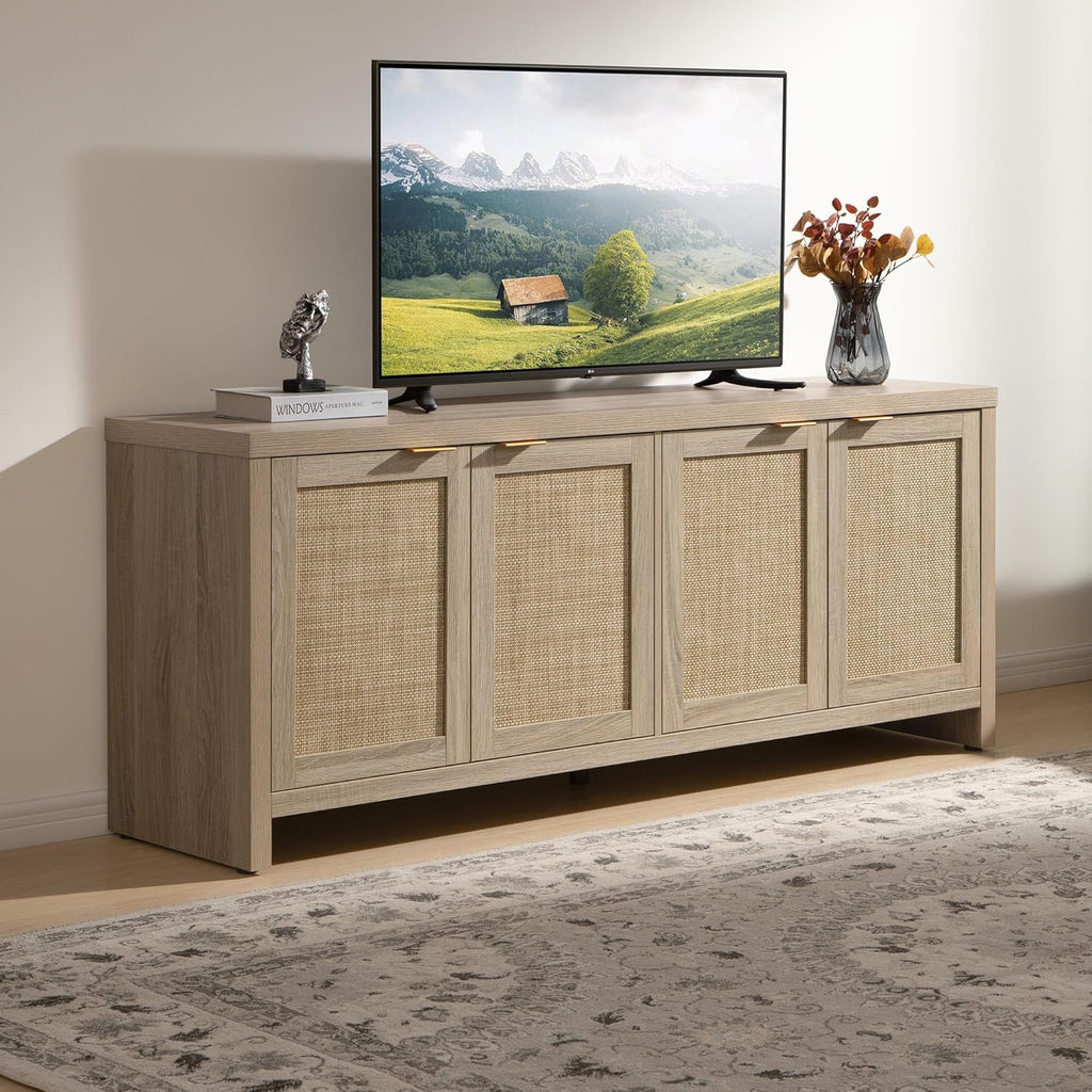 SICOTAS TV Stand for Living Room Boho Entertainment Center for Bedroom with 4 Rattan Cabinets Farmhouse Television Stands with Storage Large Media Console Table for TVs up to 45 50 55 60 65 Inch