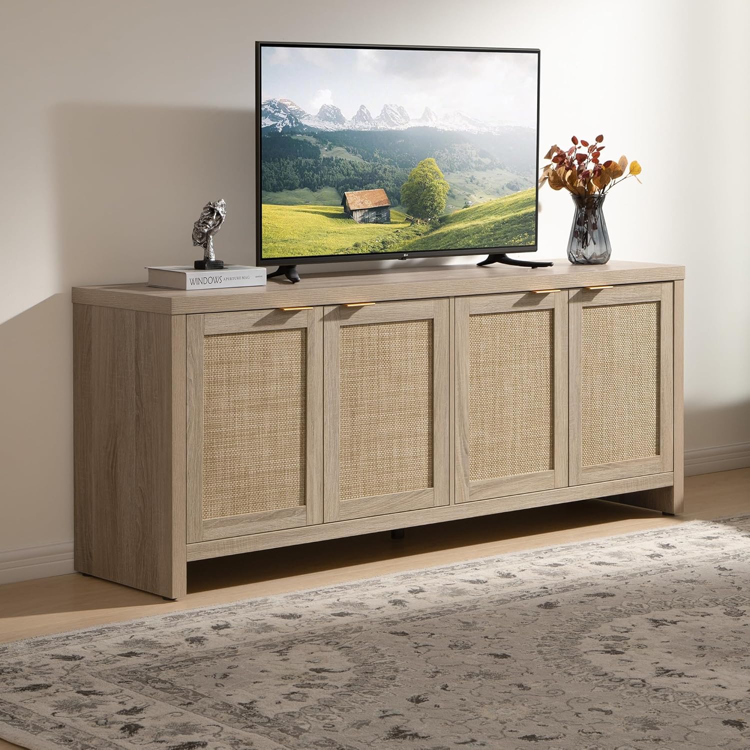 SICOTAS TV Stand for Living Room Boho Entertainment Center for Bedroom with 4 Rattan Cabinets Farmhouse Television Stands with Storage Large Media Console Table for TVs up to 45 50 55 60 65 Inch