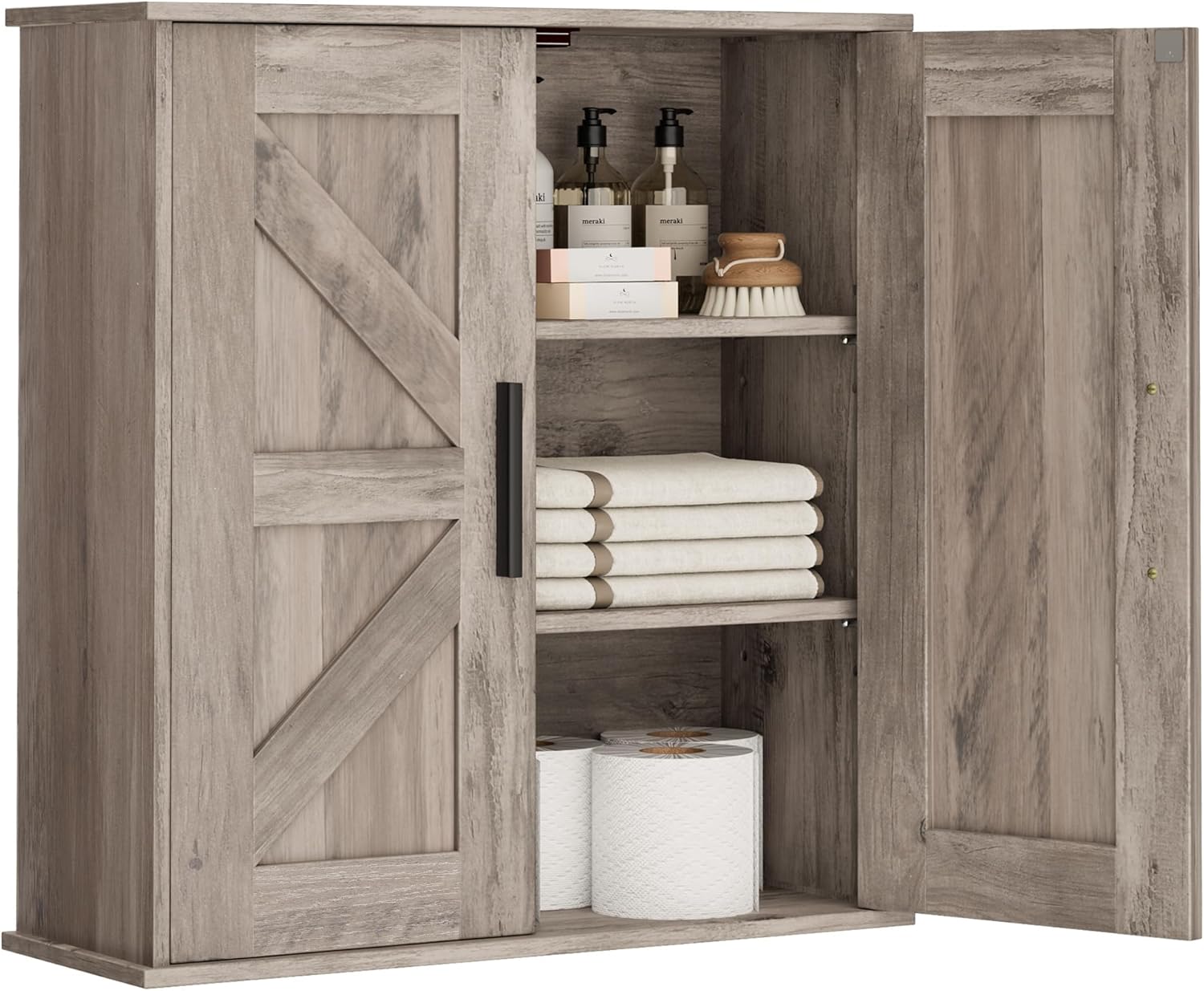 Bathroom Wall Cabinet, Over Toilet Storage Cabinet with Barn Doors and Adjustable Shelves, 3-Tier Medicine Cabinet Wall Mounted, for Bathroom, Kitchen, Entryway, Laundry Room, White, (7.9" D)