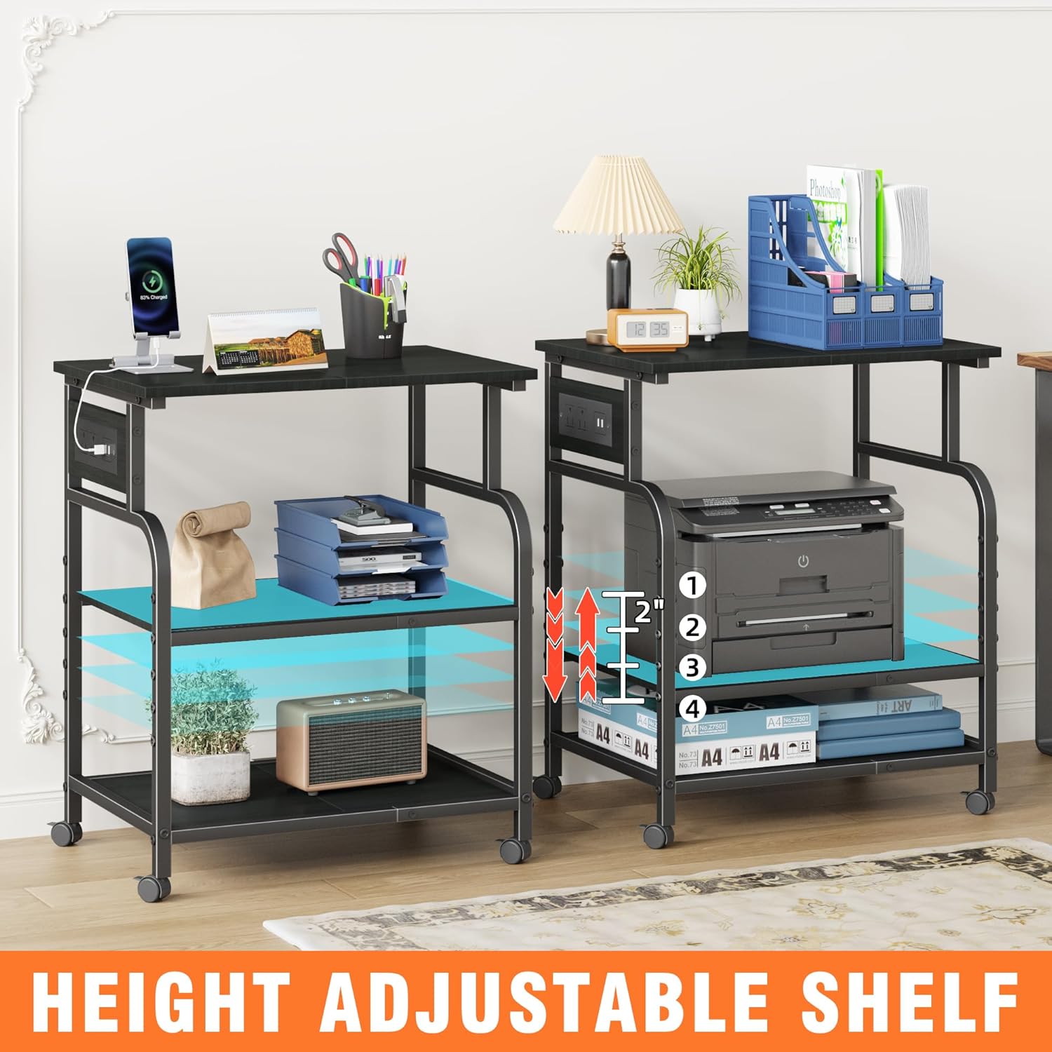 YAOHUOO 3 Tier Large Printer Stand with Power Outlet/Adjustable Storage Shelf, Rolling Cart with Wheels, Printer Table for Home Office 3D Printer/Heat Press/Laster, 22"×15" Black