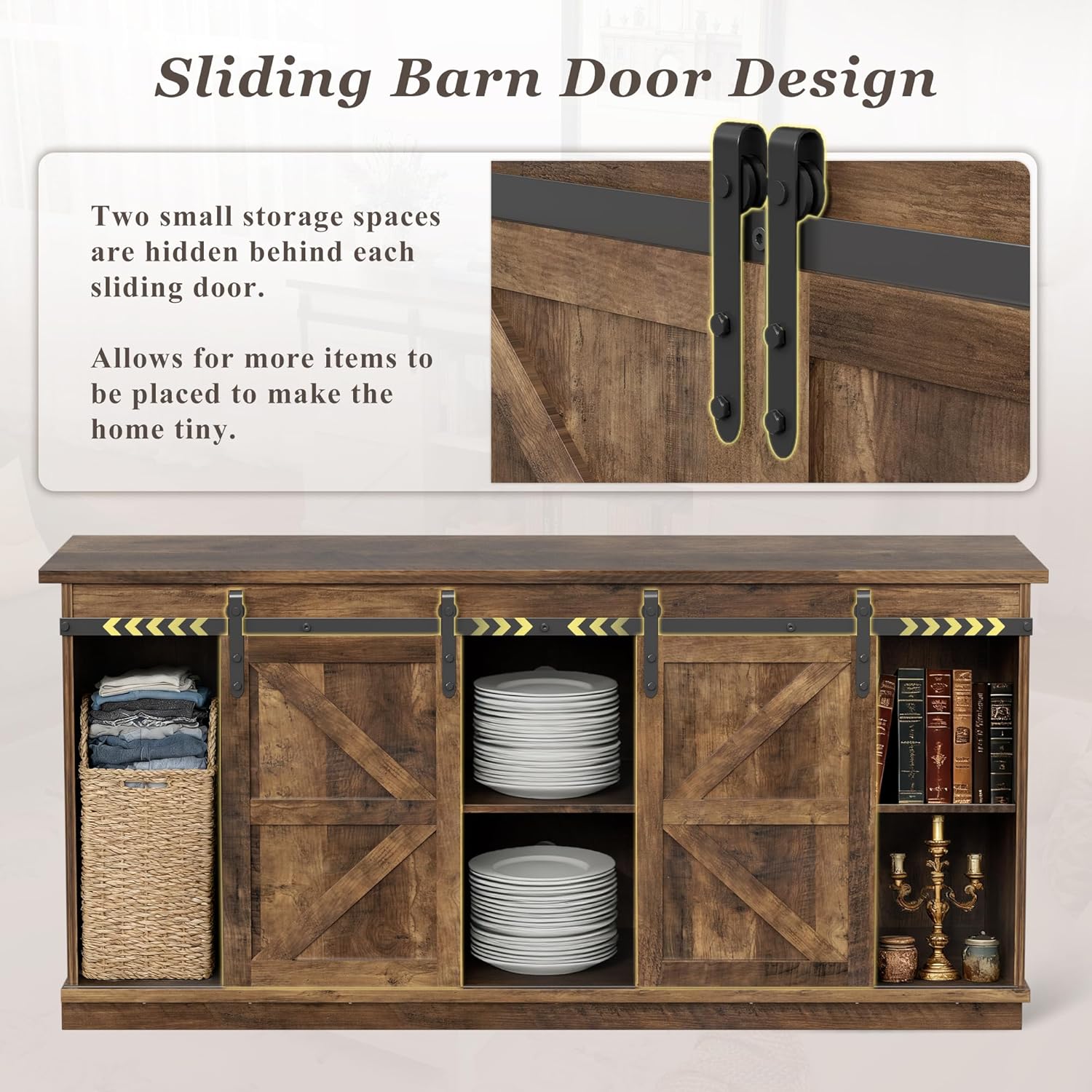 YESHOMY TV Stand for Televisions up to 65 Inches, with Sliding Barn Doors and Storage Cabinets, Console Table and Media Furniture for Living Room, 58 Inch, Barnwood