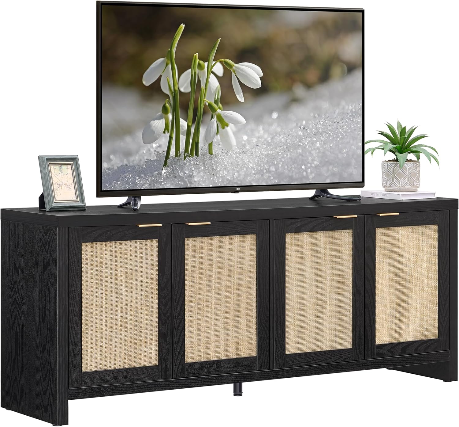 SICOTAS TV Stand for Living Room Boho Entertainment Center for Bedroom with 4 Rattan Cabinets Farmhouse Television Stands with Storage Large Media Console Table for TVs up to 45 50 55 60 65 Inch