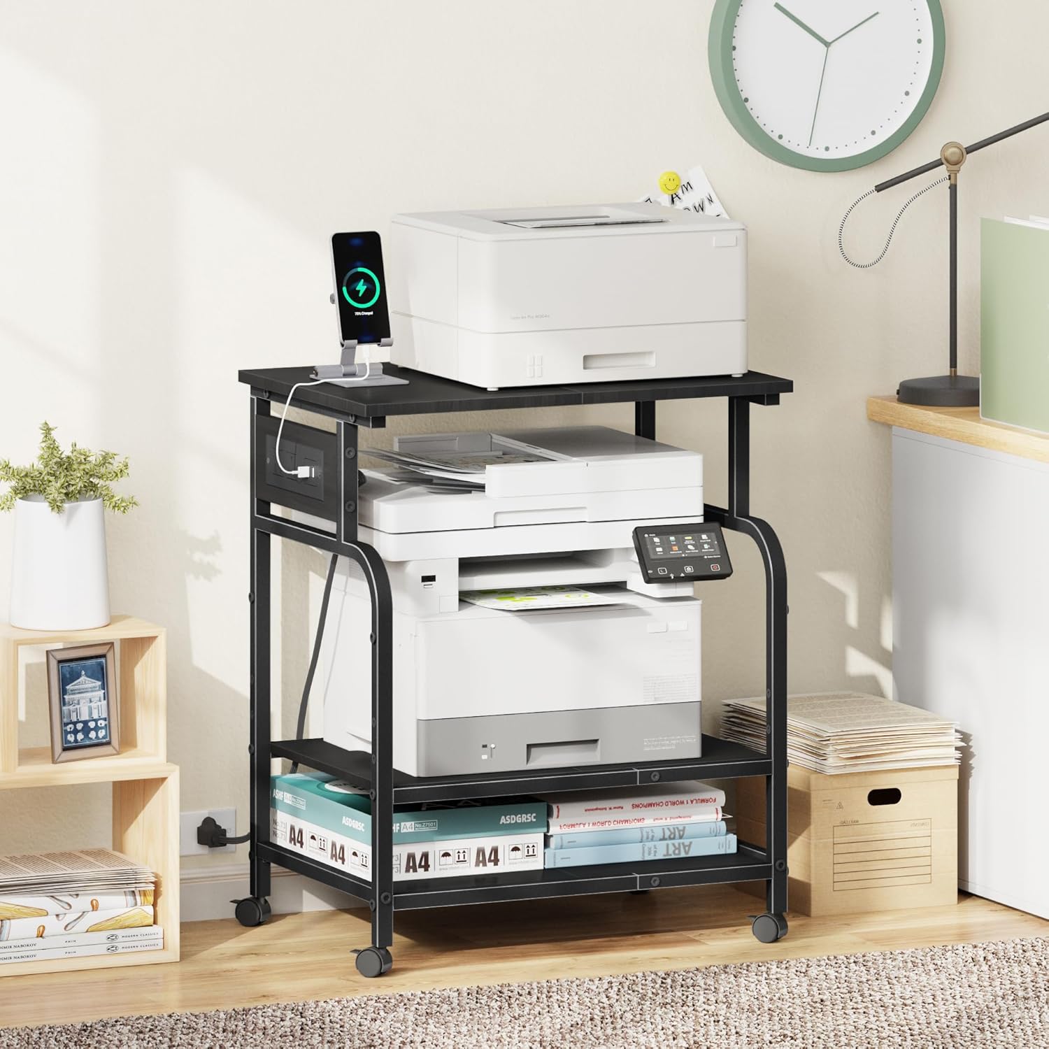 YAOHUOO 3 Tier Large Printer Stand with Power Outlet/Adjustable Storage Shelf, Rolling Cart with Wheels, Printer Table for Home Office 3D Printer/Heat Press/Laster, 22"×15" Black