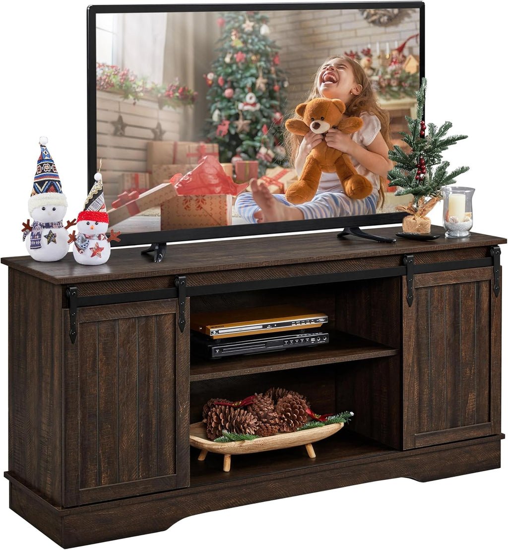 Yaheetech TV Stand for TVs Up to 65 inch, Farmhouse Media Entertainment Center, 58'' TV Console Table with Adjustable Shelves & Sliding Barn Doors for Living Room, Dark Walnut