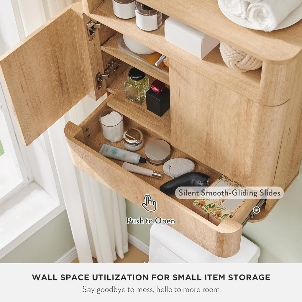 ACCOHOHO Modern Minimalist Bathroom Medicine Cabinet with Adjustable Shelf, Sliding Drawer and Magnetic Push Latch, Above Toilet Wall Mounted Hanging Storage Cabinet, Natural Oak