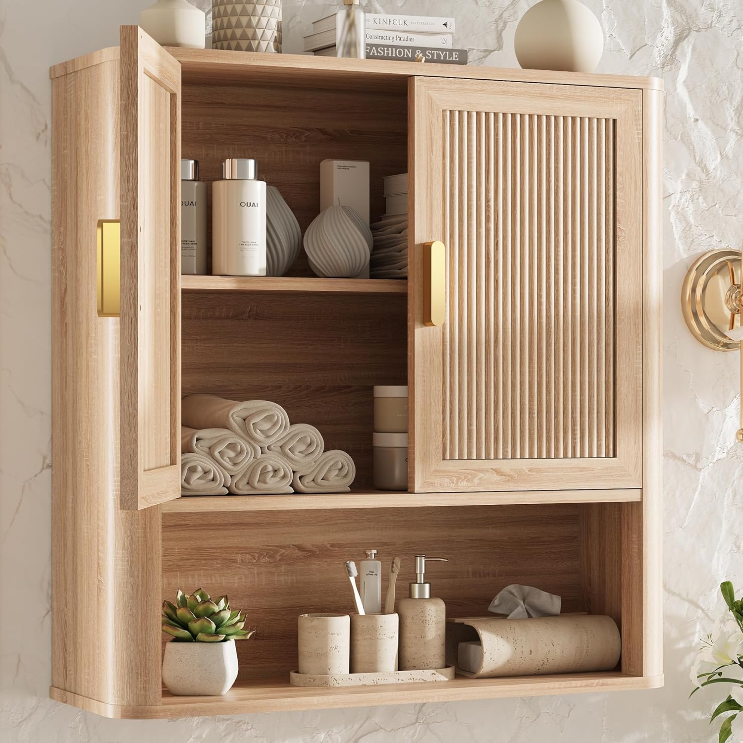Bathroom Storage Cabinet, Medicine Cabinet with Adjustable Wood Shelf & Doors, Over The Toilet Storage Cabinet for Laundry Room & Kitchen & Living Room (Natural Oak)