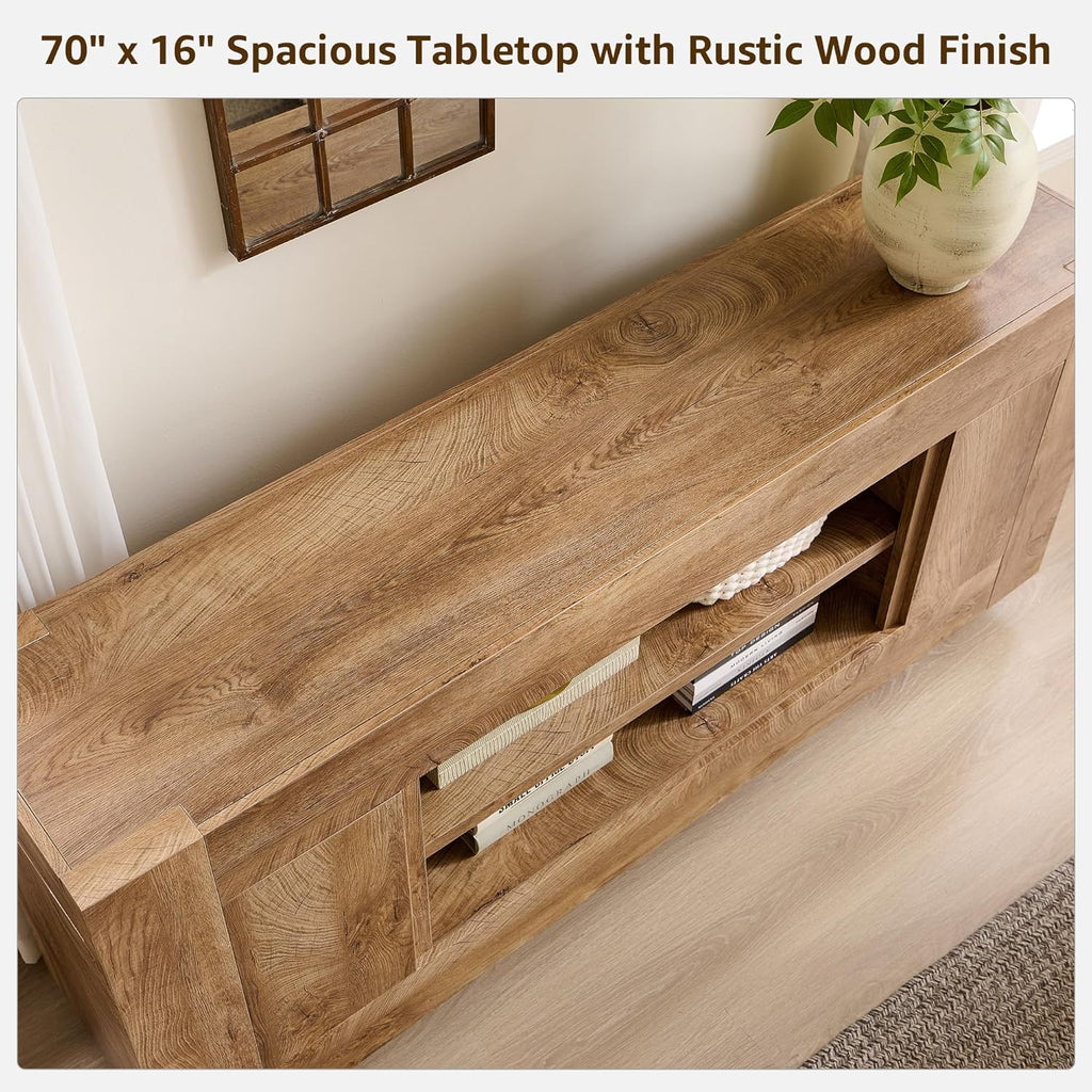 OKD Modern 70" TV Stand, Entertainment Center for TVs Up to 80", Media Console with Large Open Storage & Side Cabinets, Thick Wood Design for Living Room, Light Knotty Oak