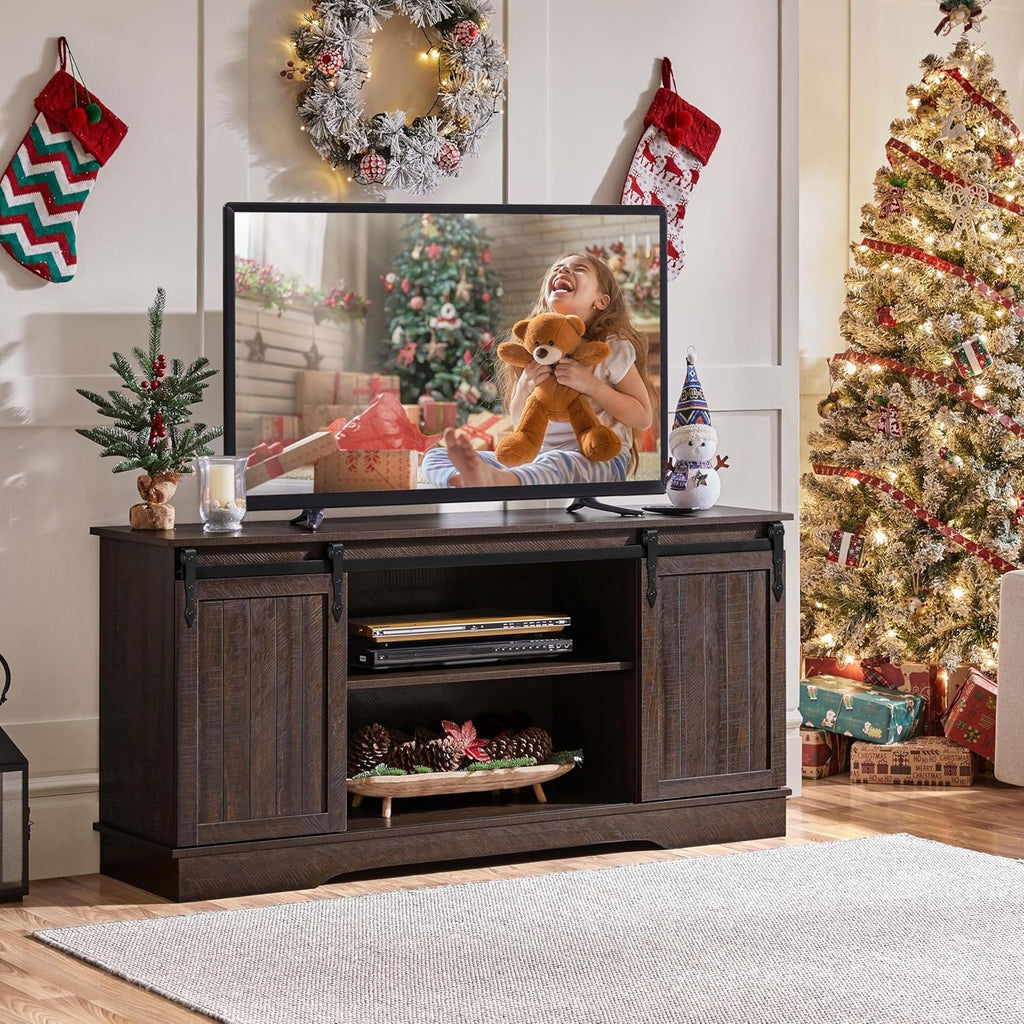 Yaheetech TV Stand for TVs Up to 65 inch, Farmhouse Media Entertainment Center, 58'' TV Console Table with Adjustable Shelves & Sliding Barn Doors for Living Room, Dark Walnut