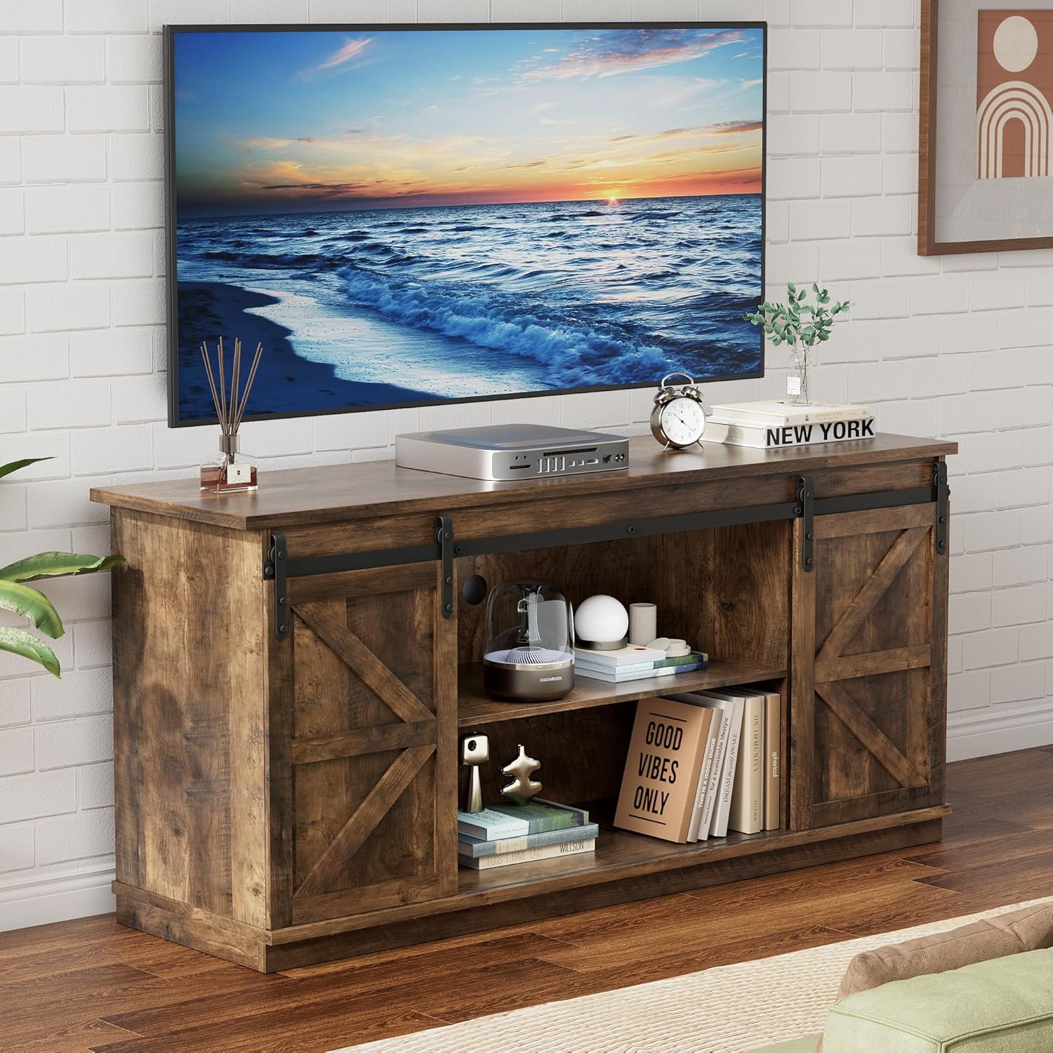 YESHOMY TV Stand for Televisions up to 65 Inches, with Sliding Barn Doors and Storage Cabinets, Console Table and Media Furniture for Living Room, 58 Inch, Barnwood