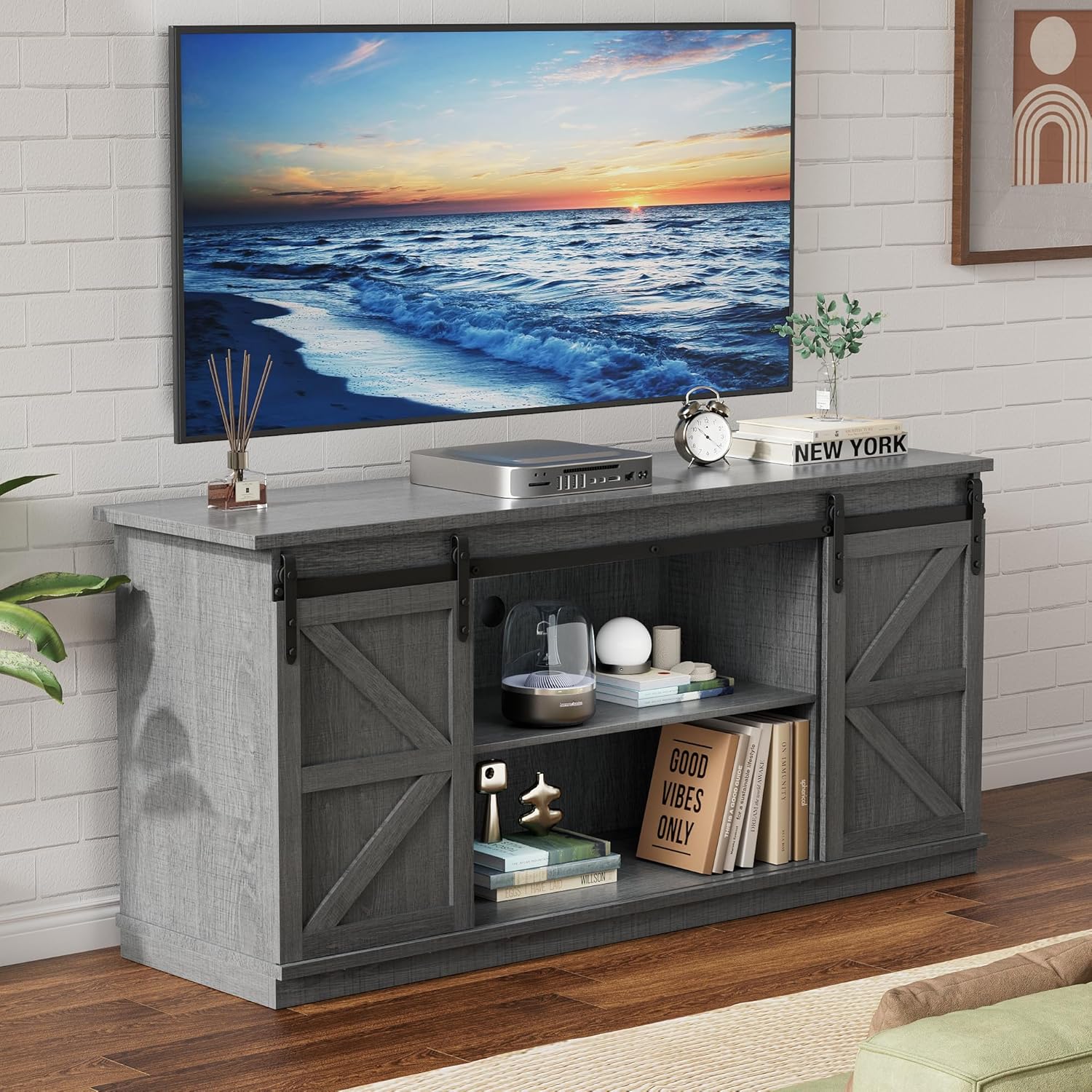 YESHOMY TV Stand for Televisions up to 65 Inches, with Sliding Barn Doors and Storage Cabinets, Console Table and Media Furniture for Living Room, 58 Inch, Barnwood