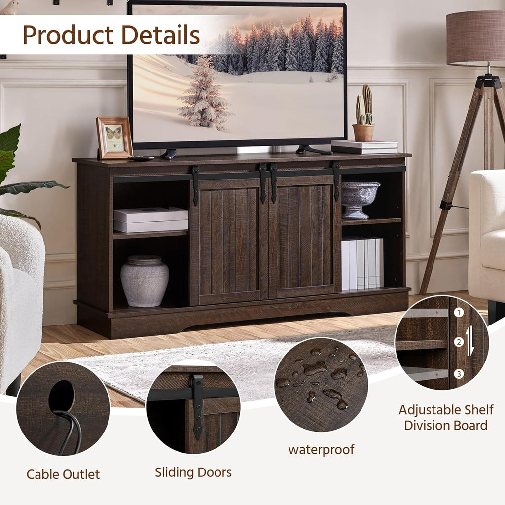 Yaheetech TV Stand for TVs Up to 65 inch, Farmhouse Media Entertainment Center, 58'' TV Console Table with Adjustable Shelves & Sliding Barn Doors for Living Room, Dark Walnut