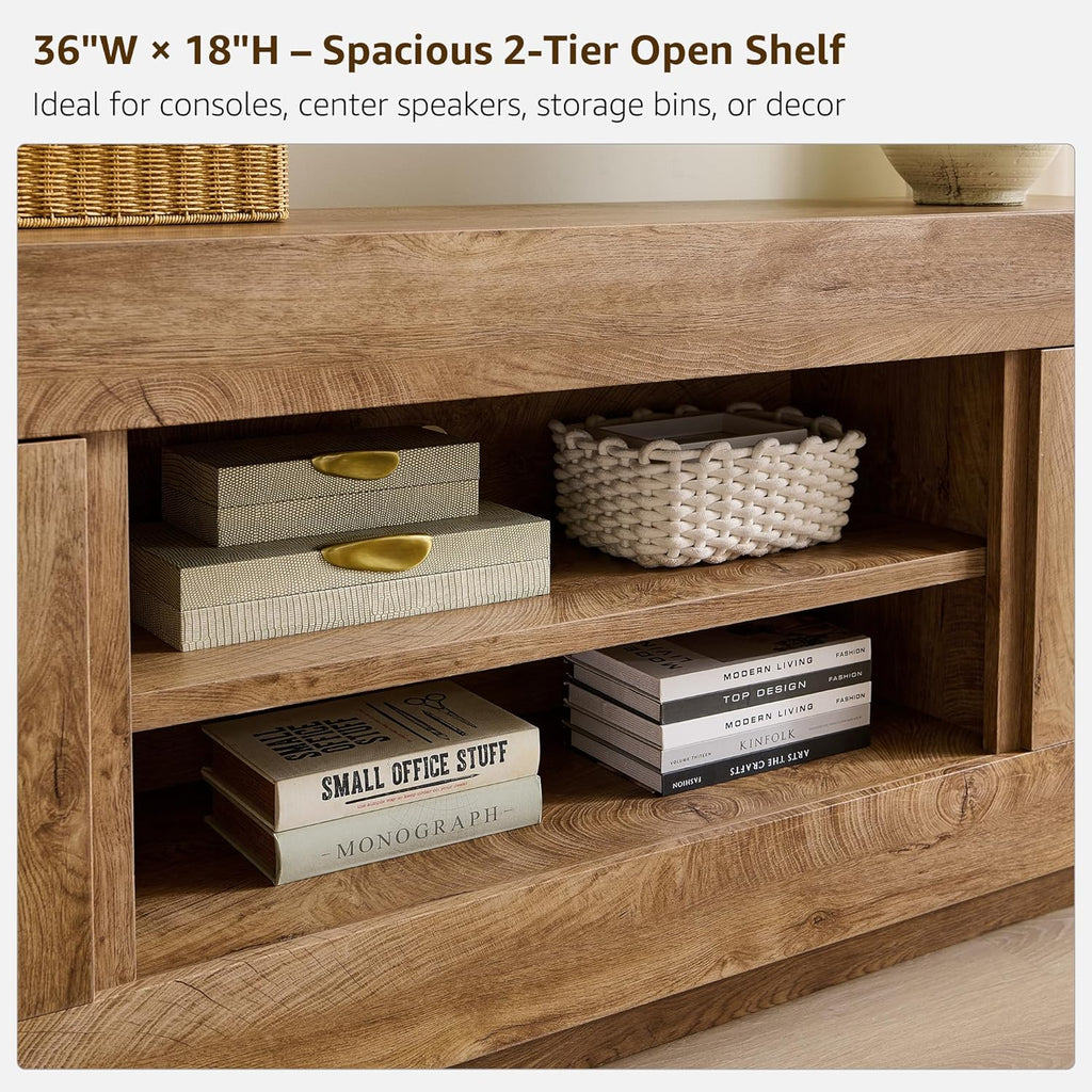 OKD Modern 70" TV Stand, Entertainment Center for TVs Up to 80", Media Console with Large Open Storage & Side Cabinets, Thick Wood Design for Living Room, Light Knotty Oak